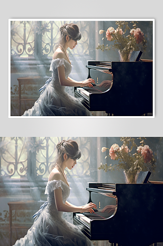 AI数字艺术钢琴少女摄影图片