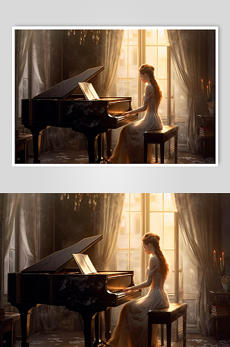 AI数字艺术钢琴少女插画图片