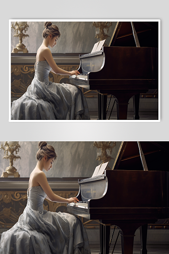 AI数字艺术钢琴少女插画图片