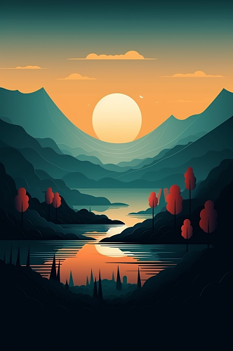 AI数字艺术夕阳插画图片