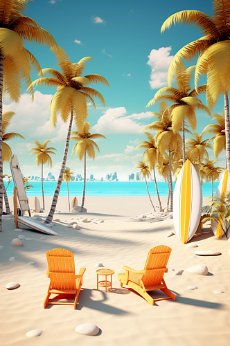 AI数字艺术夏日海滩插画图片
