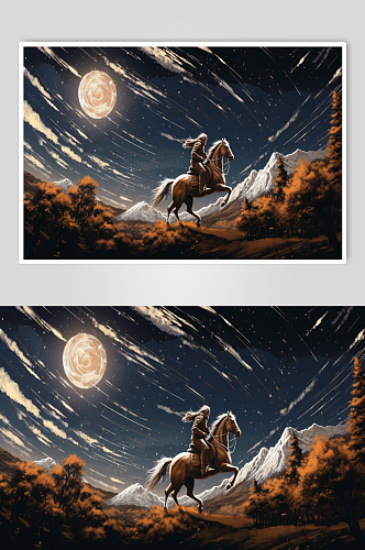 AI数字艺术骑马人物插画图片