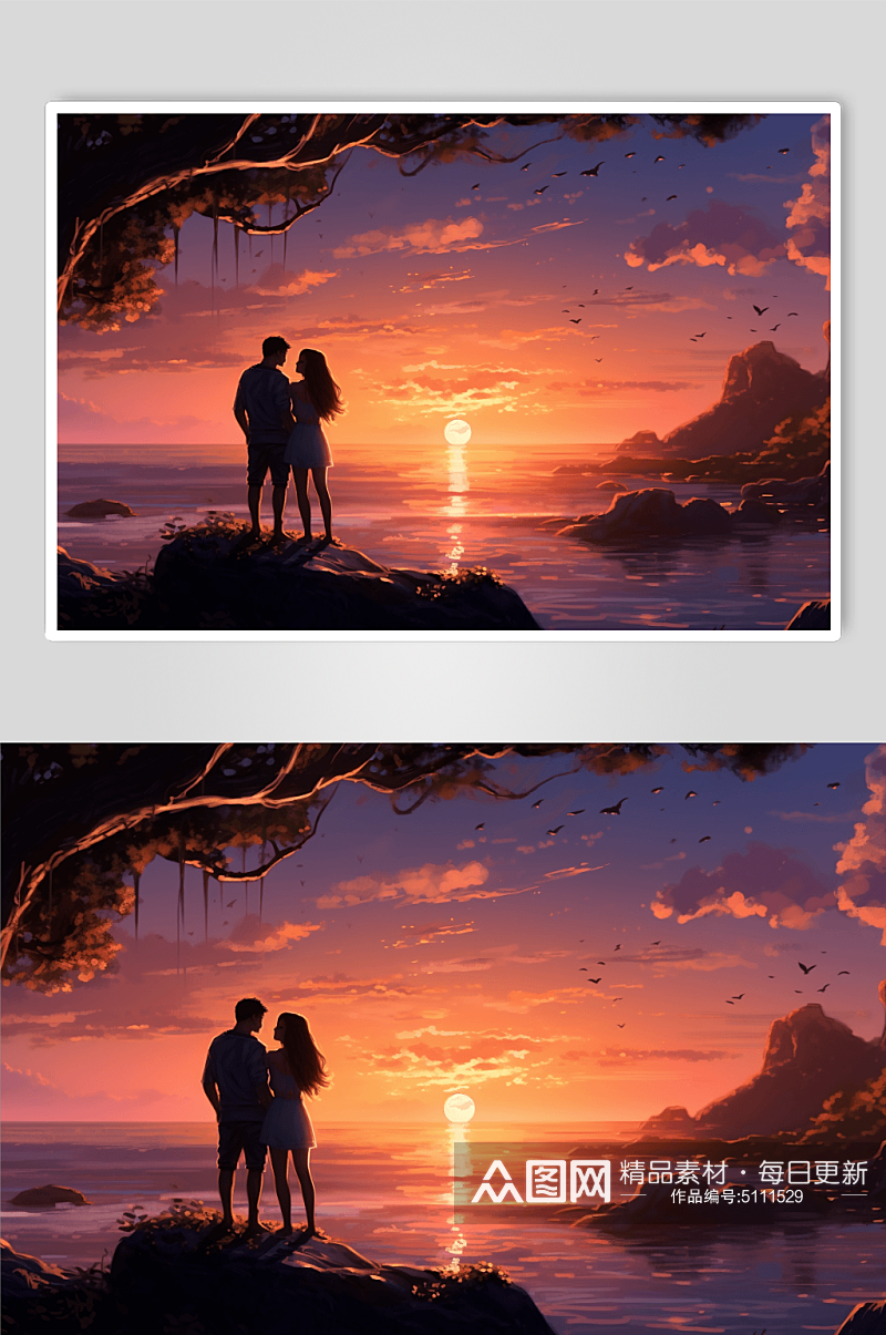AI数字艺术双人情侣夕阳背影图片素材