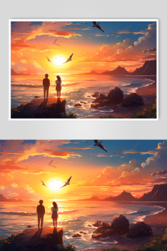 AI数字艺术双人情侣夕阳背影图片