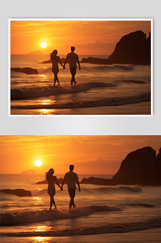AI数字艺术情侣海滩牵手散步图片