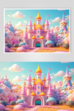 数字艺术粉色城堡模型