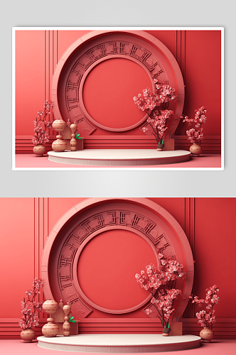国潮中国红景观产品化妆品展台