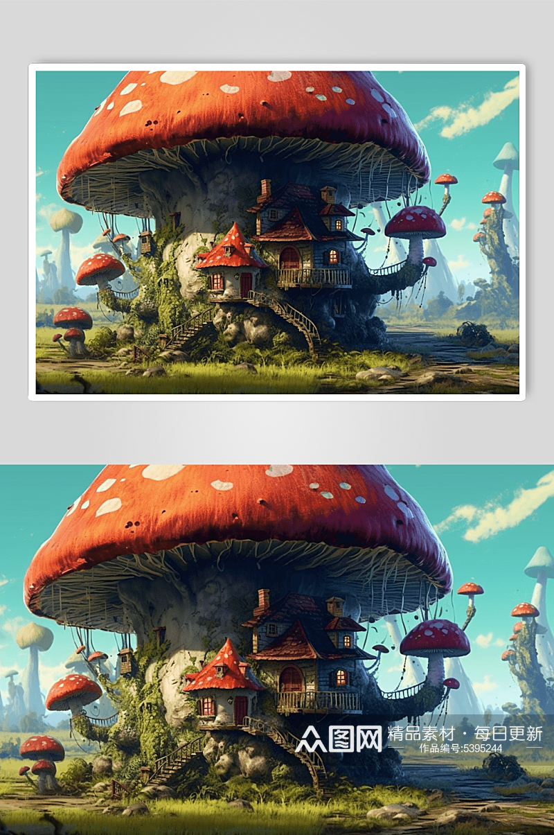 数字艺术AI蘑菇屋风景插画素材