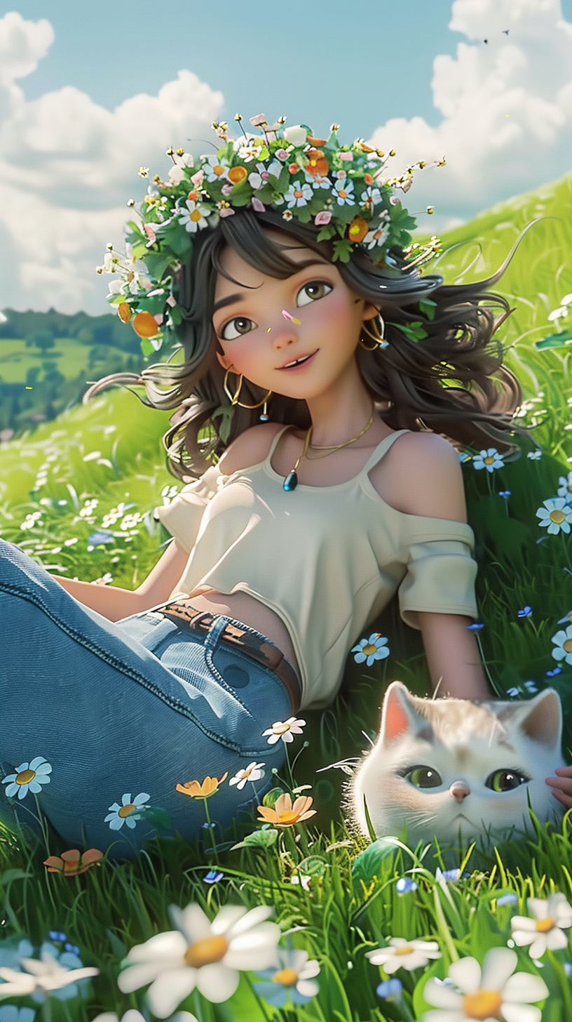 躺在草地上休息的小女孩素材