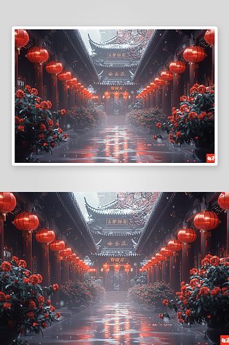 喜庆的中国红灯笼建筑
