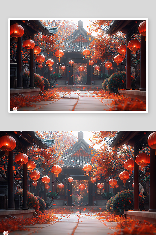 喜庆的中国红灯笼建筑