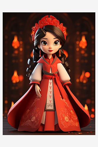 3D卡通中国风小女孩元素