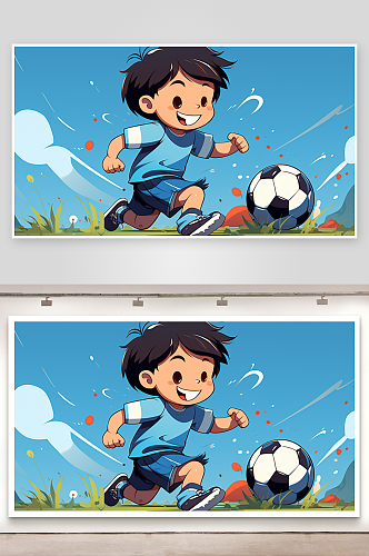 卡通踢球运动的小孩