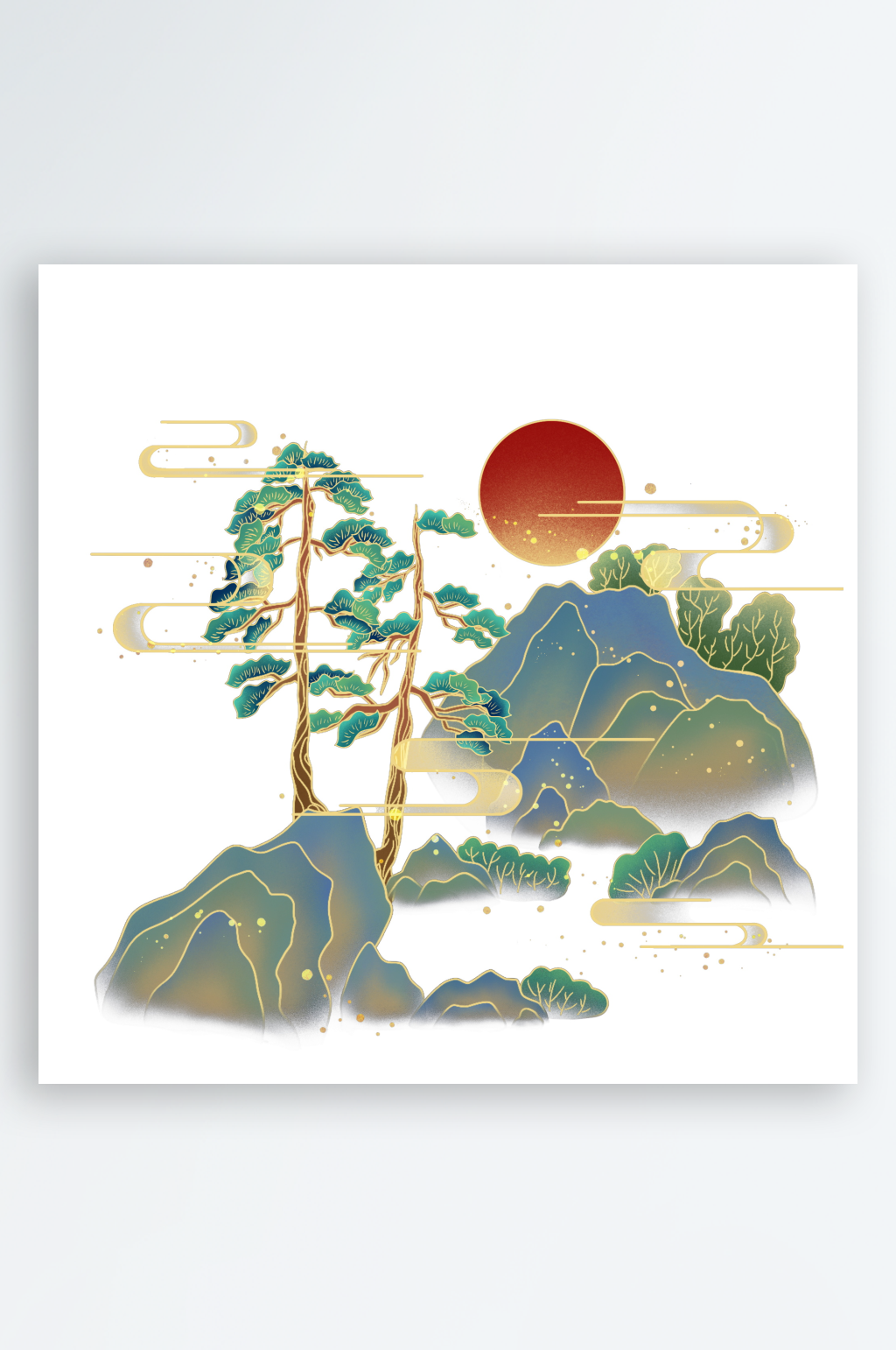 创意大气国潮山水元素素材