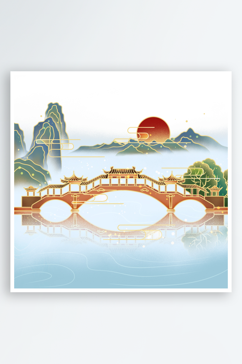 创意大气国潮山水元素素材