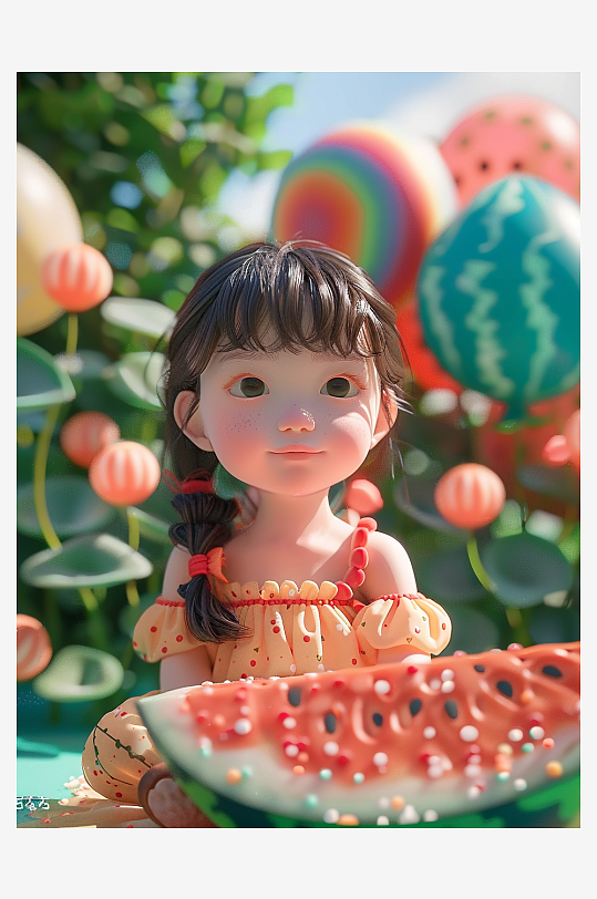 創(chuàng)意卡通夏季西瓜和小女孩