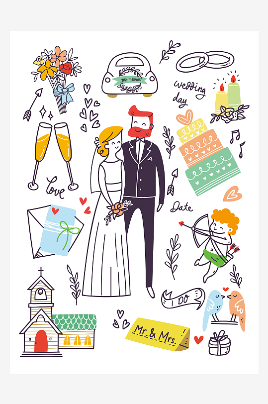 创意矢量婚礼插画元素-众图网
