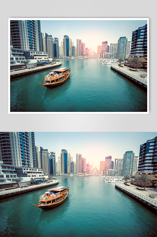 迪拜码头的橙色船图片