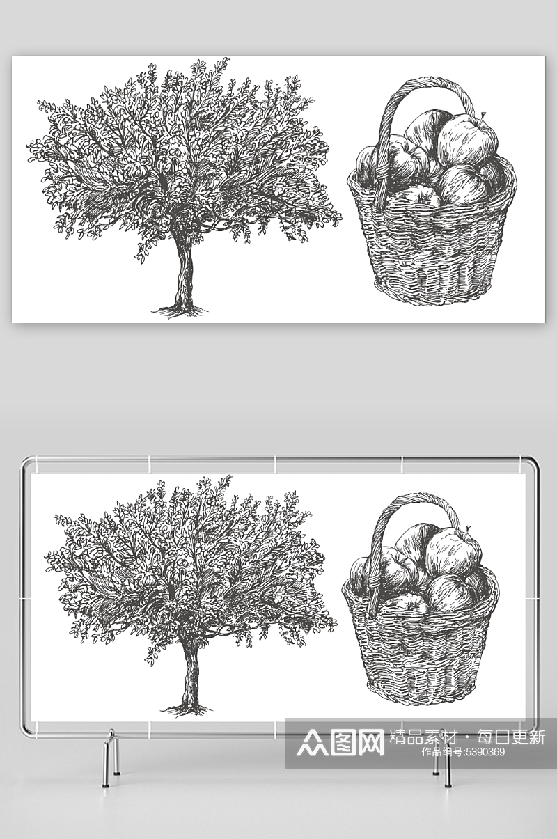 苹果树苹果篮插画背景素材