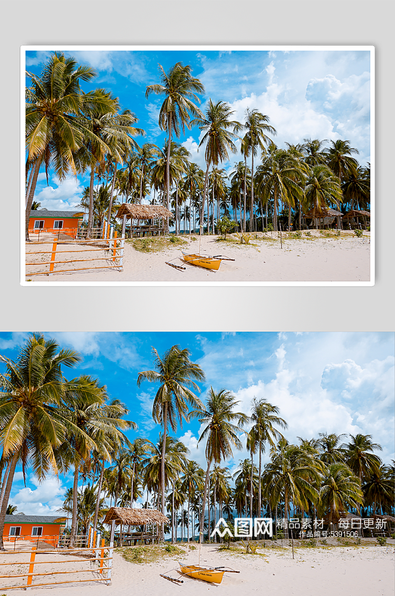 美丽的热带海滩和椰子树的景色素材