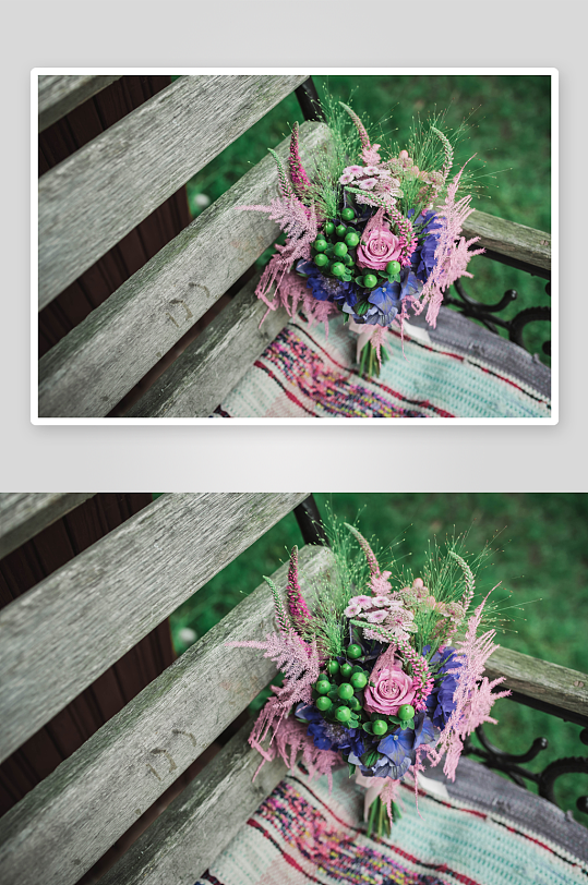 长凳上的小花束高清摄影图