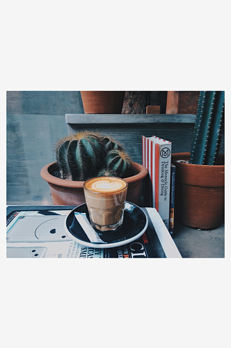 仙人掌旁的咖啡杯