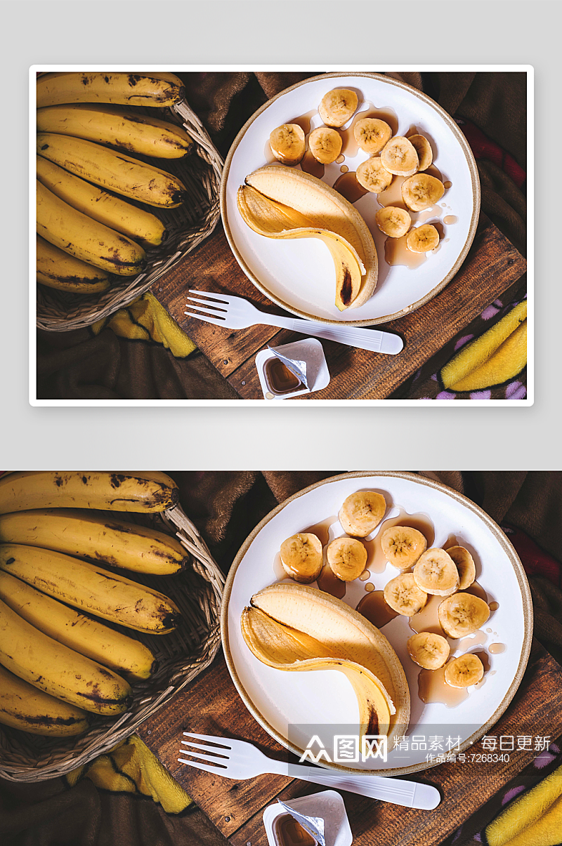 白瓷盘里的香蕉片素材