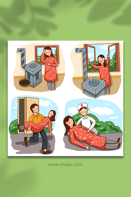 手绘一氧化碳中毒急救措施元素插画-众图网