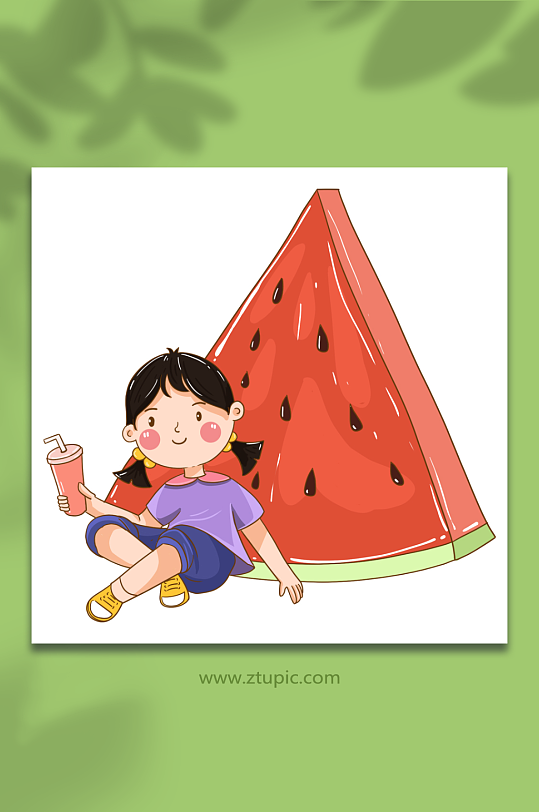喝西瓜汁立夏夏季人物元素-众图网