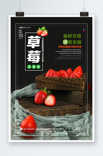 新鲜摘草莓摄影图海报
