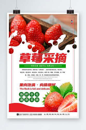 红色摘草莓摄影图海报