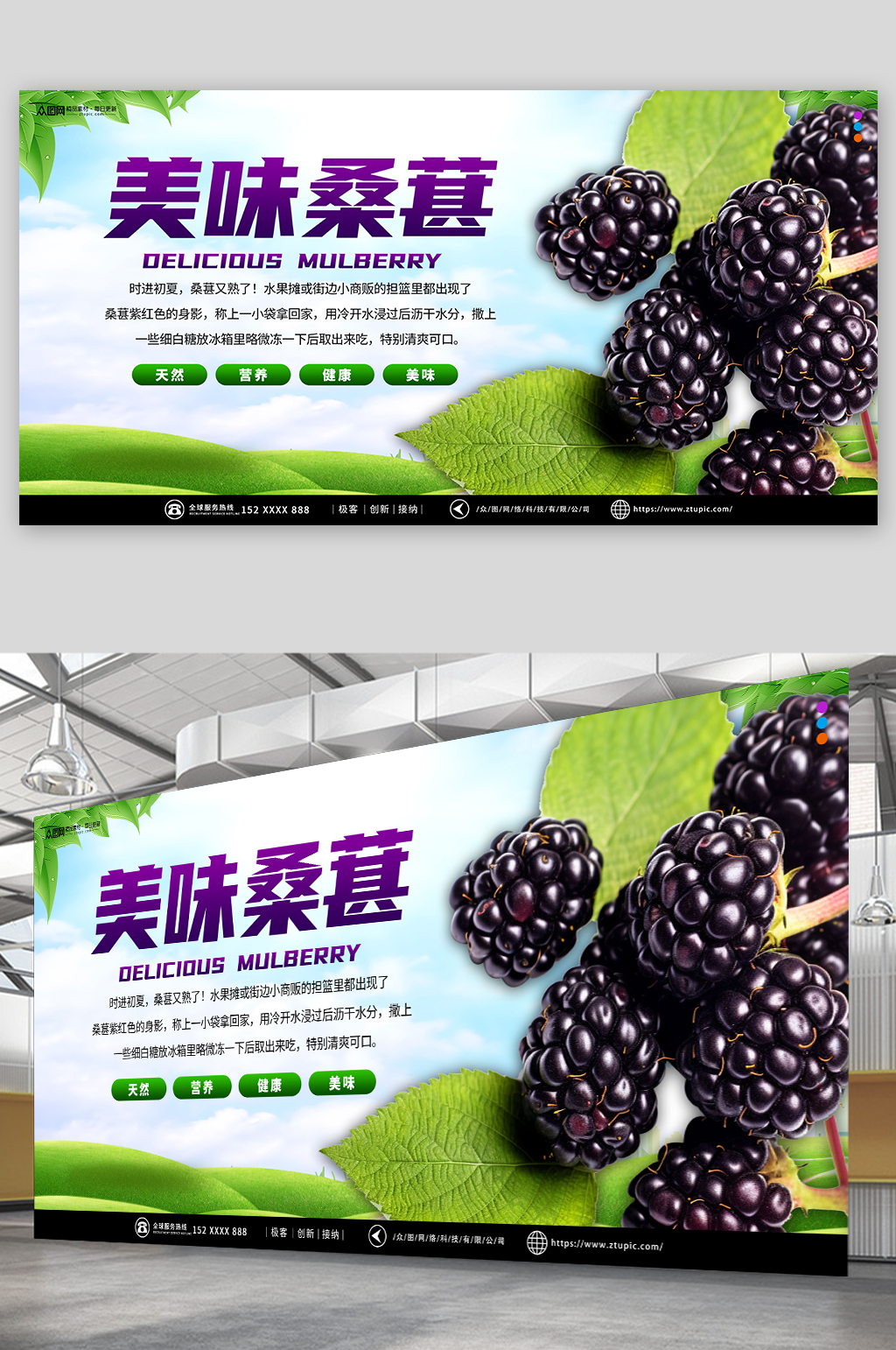 简约美味桑葚果园超市水果促销展板素材