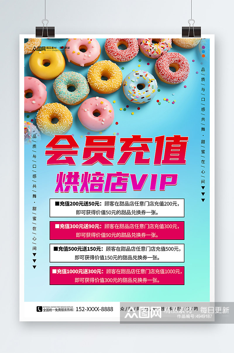 蓝色蛋糕甜品面包店VIP会员充值海报素材