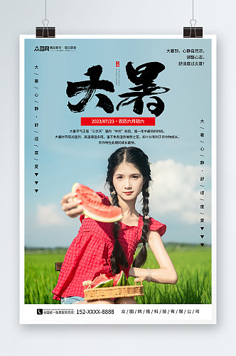 大暑二十四节气夏季稻田人物海报