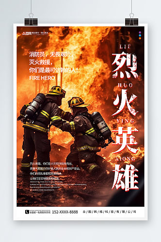 致敬消防员烈火英雄消防安全宣传海报
