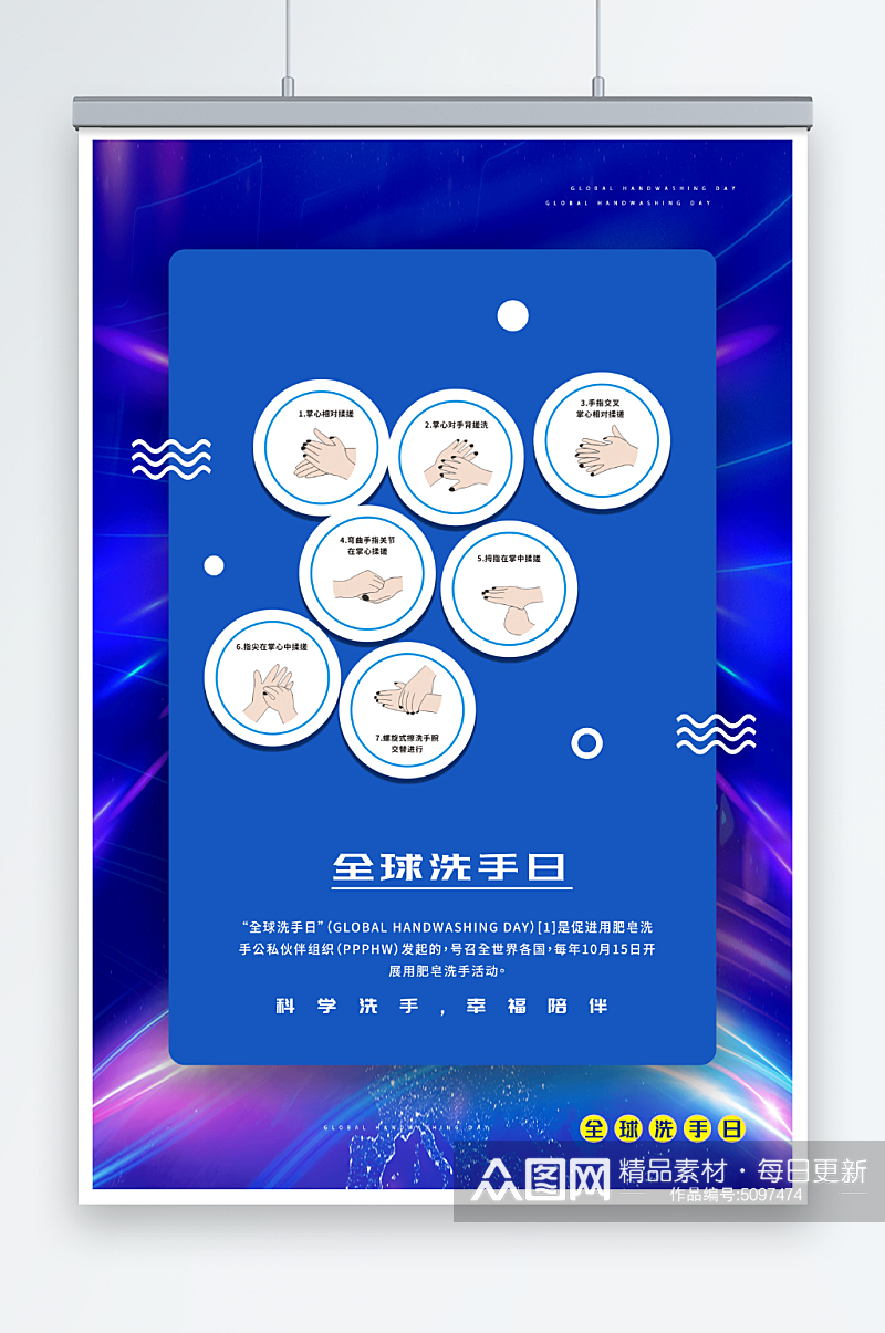 蓝色七步洗手法海报0素材