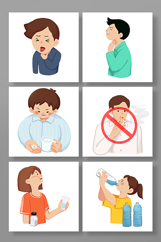 慢性咽喉炎疾病人物卡通医疗插画元素素材