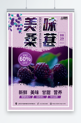 紫色摄影桑葚果园水果采摘促销海报