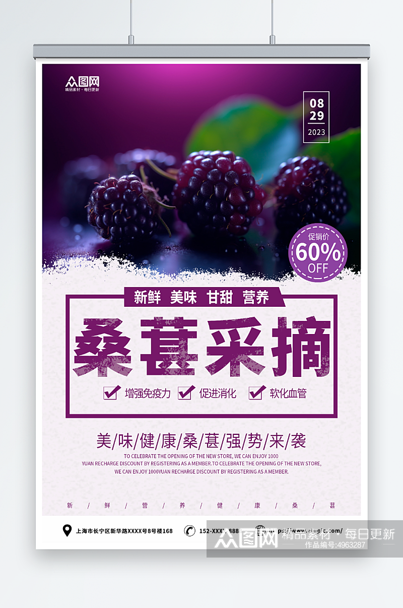 紫色摄影桑葚果园水果采摘促销海报素材
