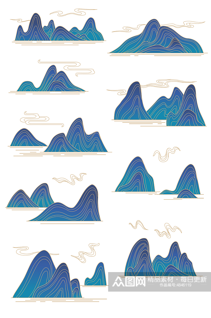 国潮风渐变山水中国风线性山水祥云元素素材