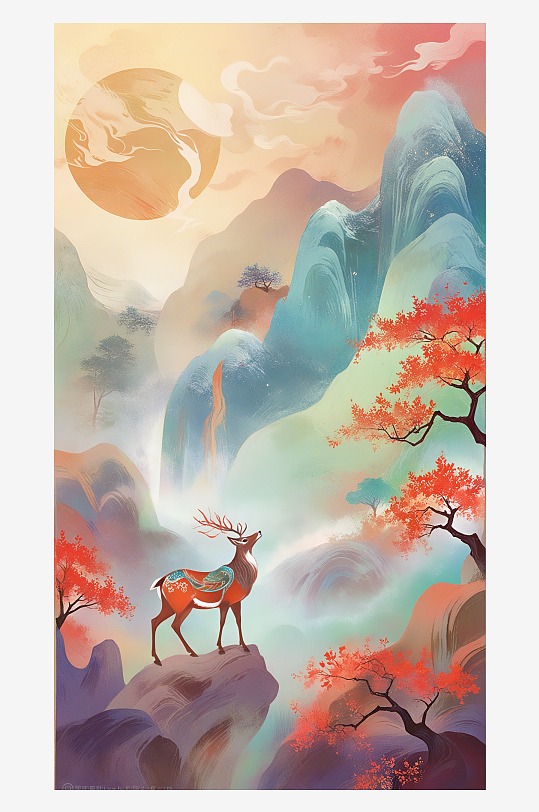 国风插画麋鹿明月山河古风