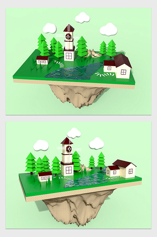 卡通海岛风车C4D模型