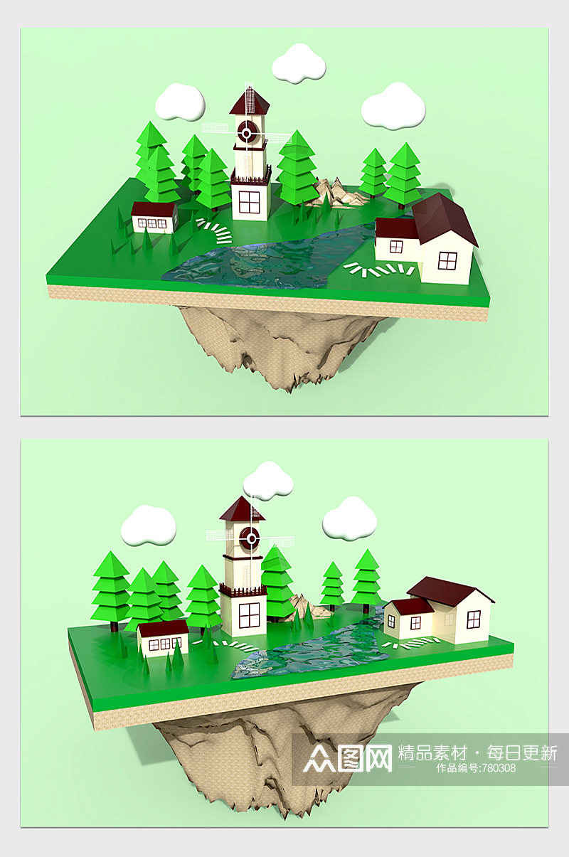 卡通海岛风车C4D模型素材