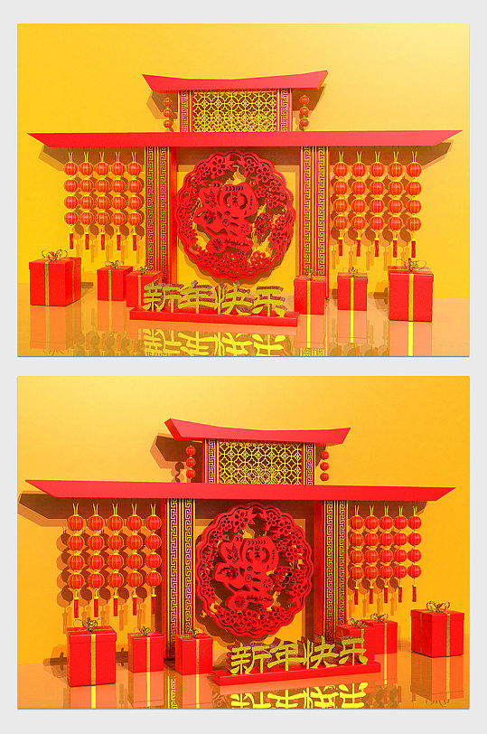 红色中国风中式门楼灯笼新年美陈C4D