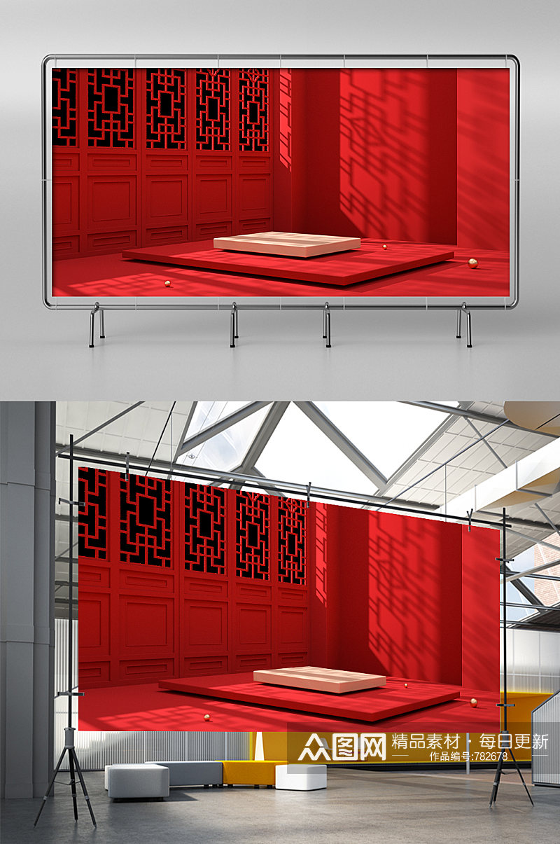 红色中国风新年电商海报C4D美陈模型素材