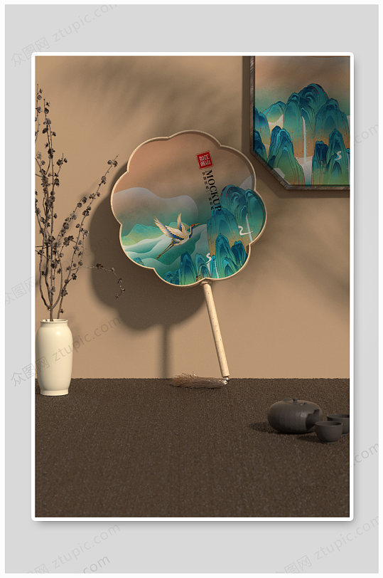 3D中国风扇子团扇样机-众图网