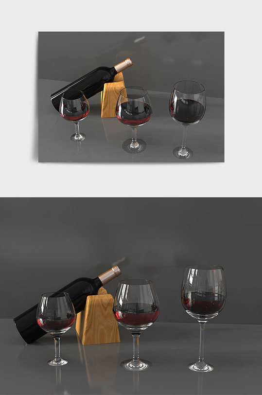 红酒酒瓶葡萄酒高脚杯C4D模型