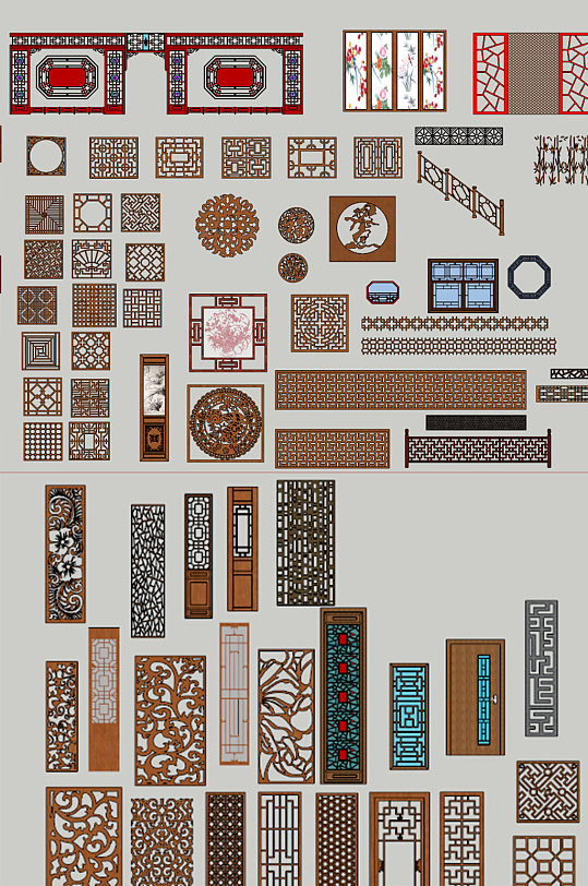 100个中式窗户隔断门雕花SU模型