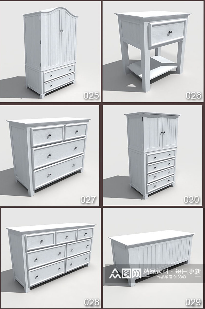 6款白色室内家居床柜子3D模型素材
