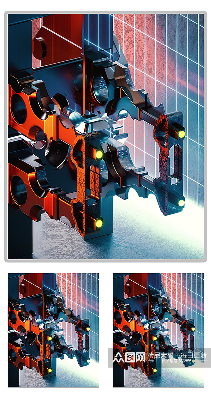 零件芯片科技机器C4D模型（含灯光贴图）素材